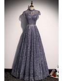 Gorgeous Sparkly Sequins High Neck Prom Dress with Cap Sleeves