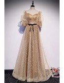 Elegant Champagne Gold Prom Dress with Sleeves Open Back