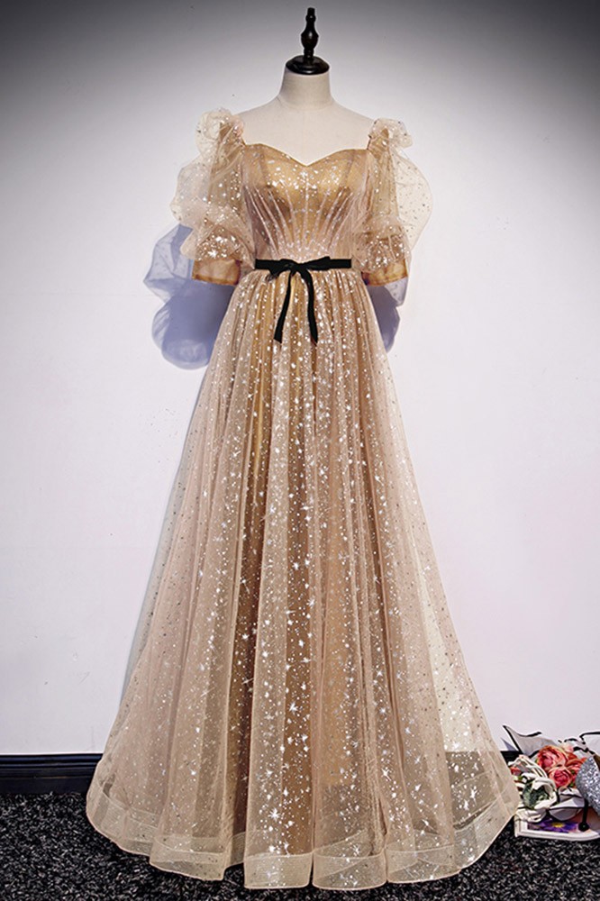 Gold Princess Puff Sleeves Sweet Prom Formal Evening Cocktail Dress CX830096