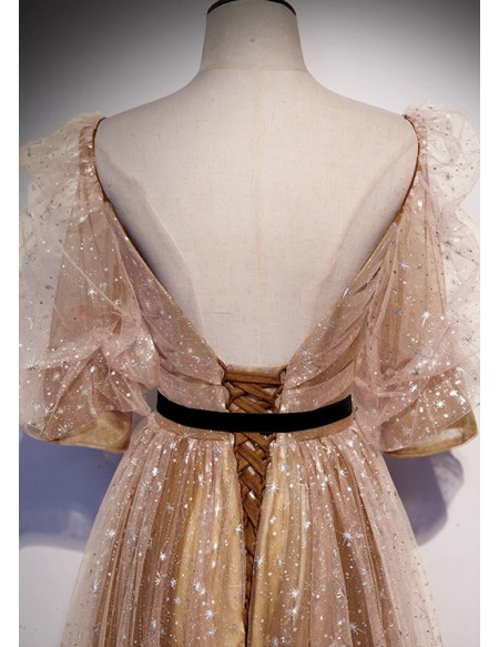 Elegant Champagne Gold Prom Dress with Sleeves Open Back