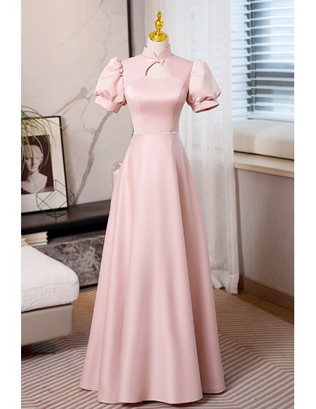 Special Pink Satin Aline Long Formal Dress with Collar