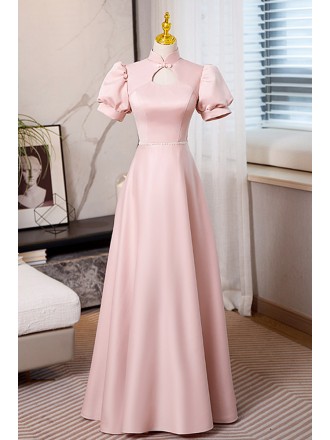 Special Pink Satin Aline Long Formal Dress with Collar