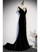 Slim Fit Black Mermaid Velvet Evening Dress Double Vneck