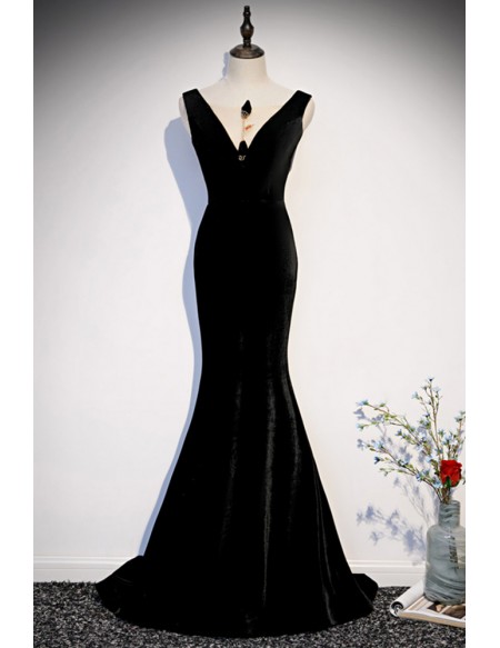 Slim Fit Black Mermaid Velvet Evening Dress Double Vneck