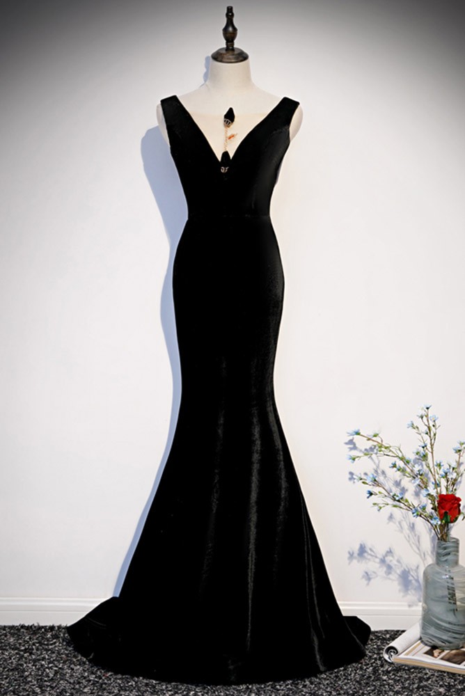 Classic Black Velvet Mermaid Evening Dress,Strapless Party Gown Y8165