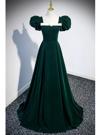 Formal Dark Green Velvet Long Prom Dress with Bubble Sleeves