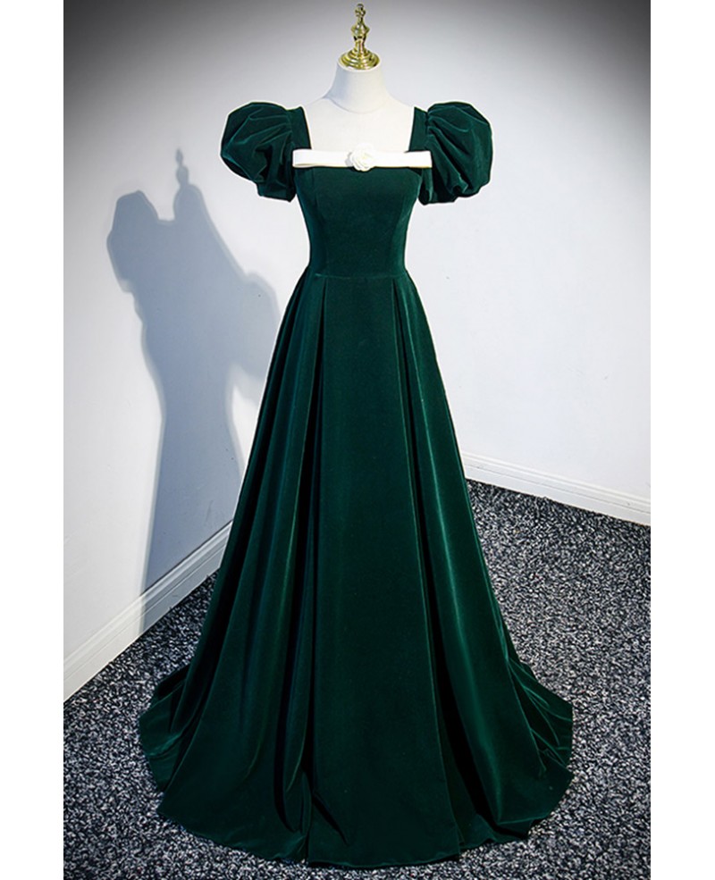 Formal Dark Green Velvet Long Prom Dress with Bubble Sleeves #L78056 ...