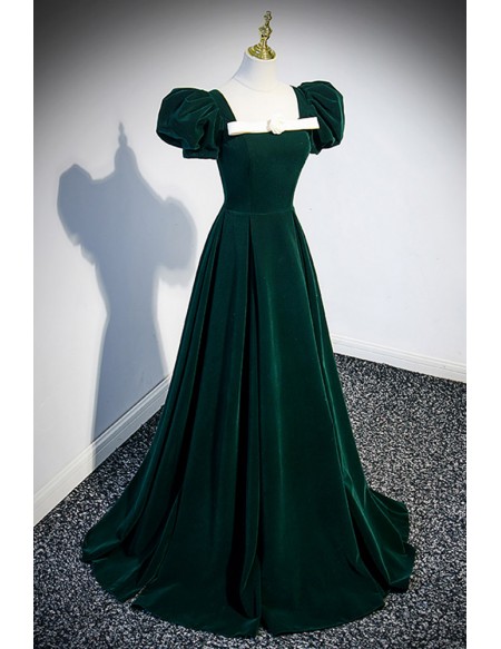 Formal Dark Green Velvet Long Prom Dress with Bubble Sleeves