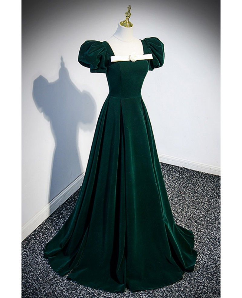 Formal Dark Green Velvet Long Prom Dress with Bubble Sleeves #L78056 ...