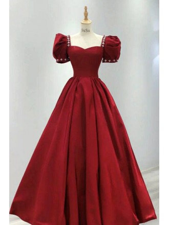 Burgundy Square Neck Long Prom Dress with Bubble Sleeves