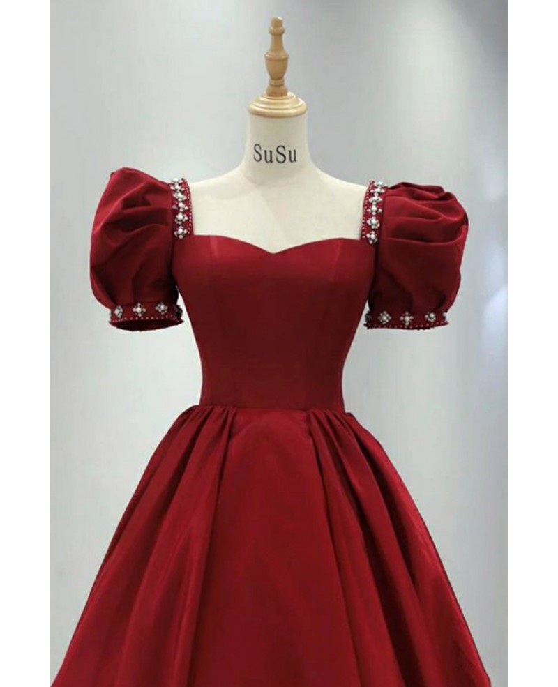 Burgundy Square Neck Long Prom Dress with Bubble Sleeves #L78135 ...