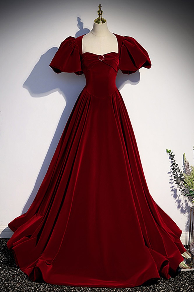 Elegant Long Velvet Evening Dress with Bubble Sleeves #L78075