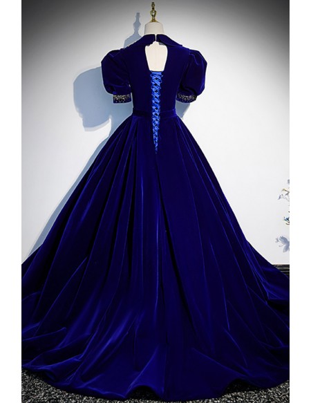 Blue Formal Ballgown Vneck Evening Dress with Short Sleeves