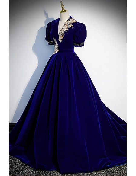 Blue Formal Ballgown Vneck Evening Dress with Short Sleeves