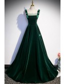 Dark Green Long Velvet Simple Prom Dress with Straps