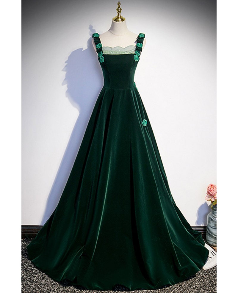 Dark Green Long Velvet Simple Prom Dress with Straps #L78059 - GemGrace.com