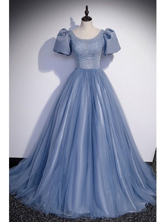 Princess Blue Ballgown Long Tulle Prom Dress with Sequined Top