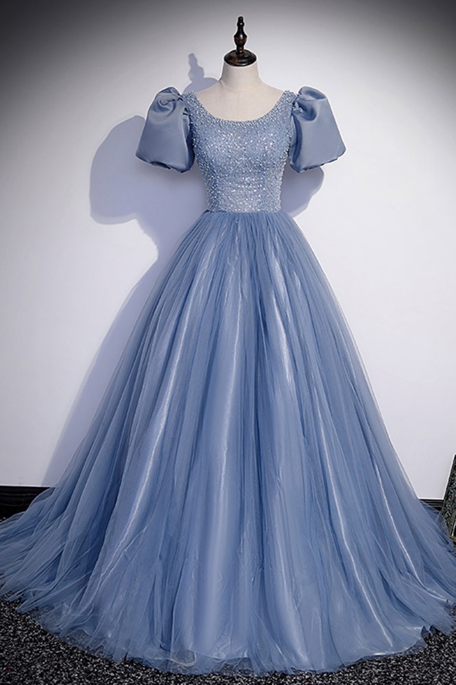 Princess Blue Ballgown Long Tulle Prom Dress with Sequined Top #L78182 ...