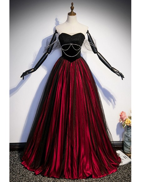 Gothic Black And Red Ballgown Prom Dress with Removable Big Bow