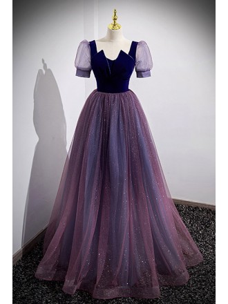Fantasy Purple Bling Tulle Prom Dress with Bubble Sleeves