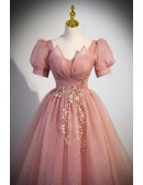 Bling Ballgown Pink Tulle Long Prom Dress with Short Sleeves