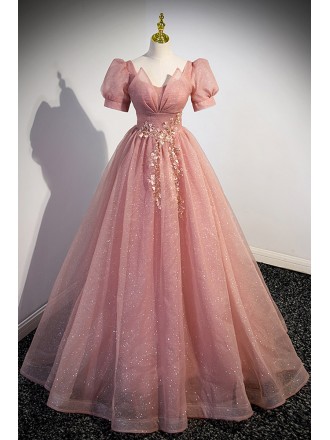 Bling Ballgown Pink Tulle Long Prom Dress with Short Sleeves