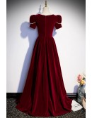 Burgundy Long Velvet Evening Dress with Short Sleeves