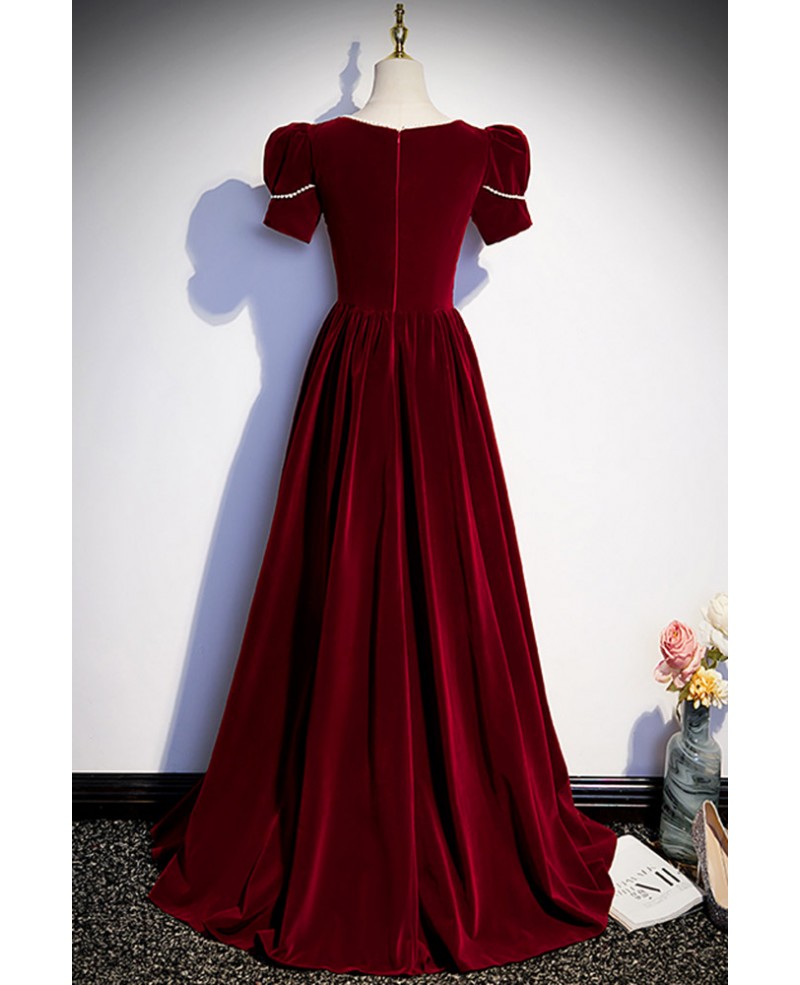 Burgundy Long Velvet Evening Dress with Short Sleeves #L78058 ...