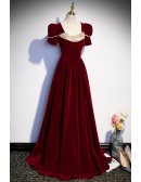 Burgundy Long Velvet Evening Dress with Short Sleeves