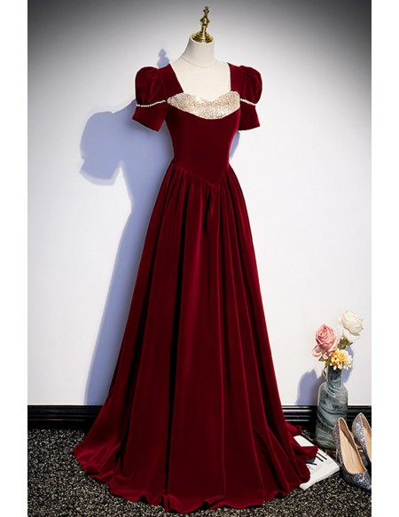 Burgundy Long Velvet Evening Dress with Short Sleeves #L78058 ...