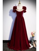 Burgundy Long Velvet Evening Dress with Short Sleeves