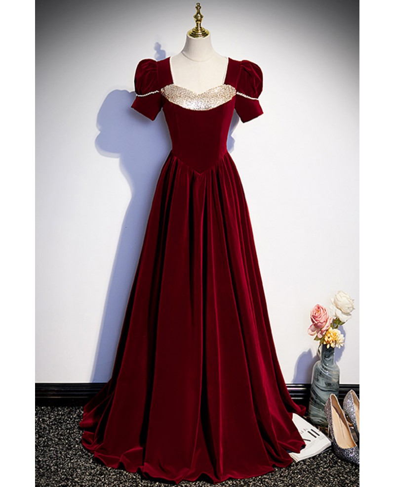 Burgundy Long Velvet Evening Dress with Short Sleeves #L78058 ...