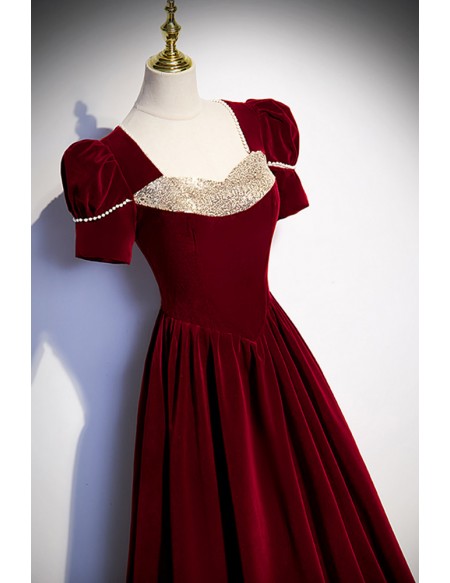 Burgundy Long Velvet Evening Dress with Short Sleeves
