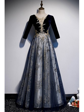 Modest Sleeved Long Prom Dress with Gold Sequins