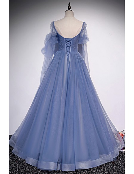 Gorgeous Formal Long Tulle Blue Prom Dress with Sleeves