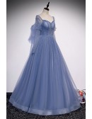 Gorgeous Formal Long Tulle Blue Prom Dress with Sleeves