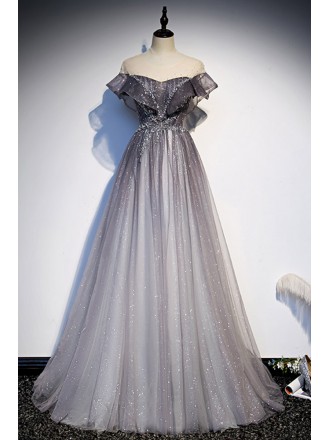 Mistery Ombre Grey Bling Tulle Prom Dress with Sheer Neckline