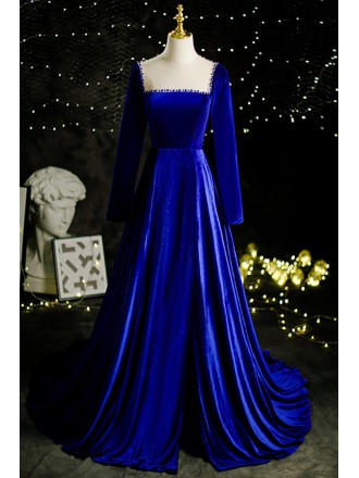 Royal Blue Long Velvet Evening Dress Backless with Beadings