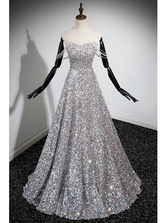 Fantasy Metallic Sequins Long Prom Dress with Pearls Straps