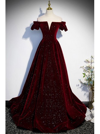 Fantasy Bling Burgundy Velvet Off Shoulder Prom Dress