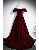 Fantasy Bling Burgundy Velvet Off Shoulder Prom Dress