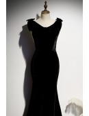 Formal Long Black Velvet Evening Dress with Jewelry Deco