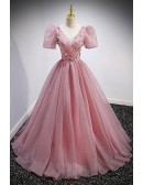 Sparkly Pink Tulle Ballgown Prom Dress with Butterflies