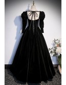 Long Black Velvet Prom Dress with Removable Sleeves