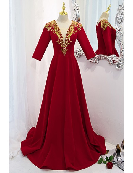 Burgundy Gold Embroidered Sequins Vneck Velvet Evening Dress with Sleeves