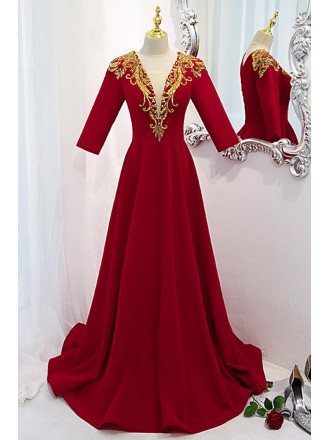 Burgundy Gold Embroidered Sequins Vneck Velvet Evening Dress with Sleeves