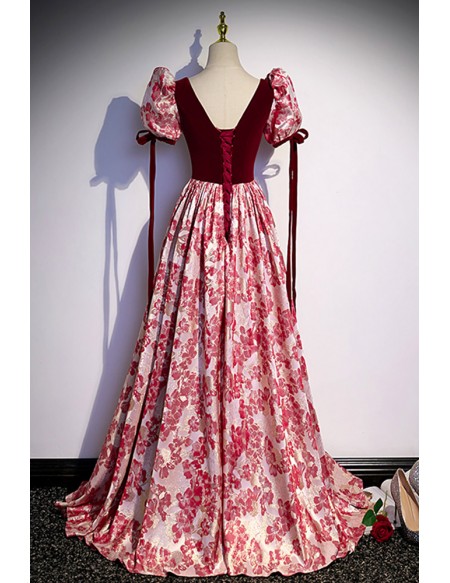 Burgundy Floral Pattern Long Prom Dress with Sleeves Straps #L78100 ...