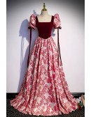 Burgundy Floral Pattern Long Prom Dress with Sleeves Straps