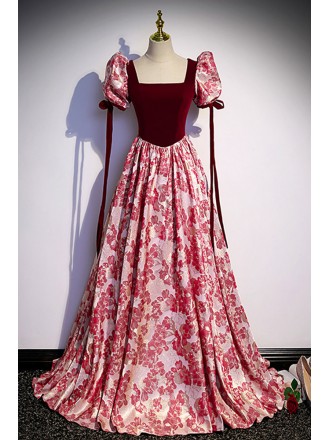 Burgundy Floral Pattern Long Prom Dress with Sleeves Straps