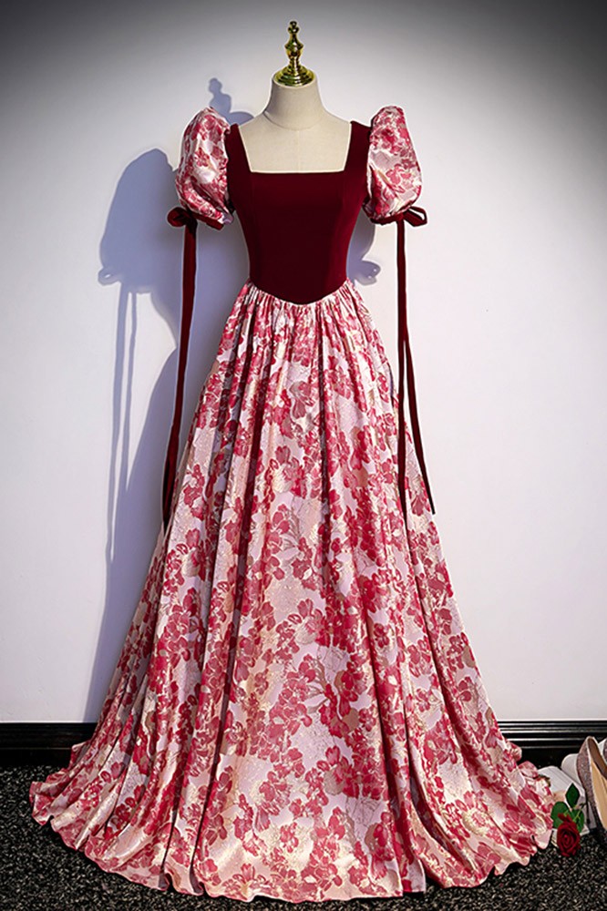 Burgundy Floral Pattern Long Prom Dress with Sleeves Straps #L78100 ...